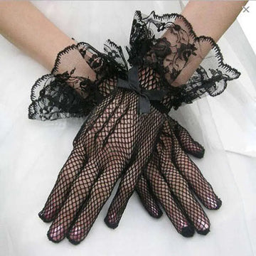 Black fishnet stretch mesh gloves with floral lace cuffs and satin bow pair knitted stretch mesh design