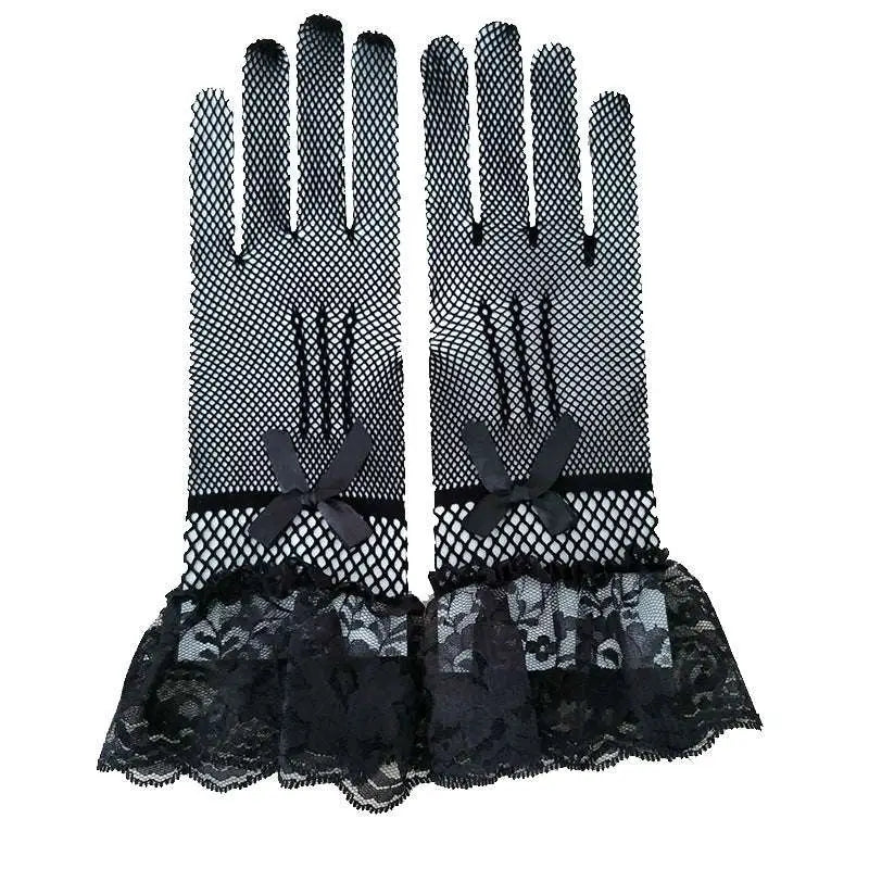 Black fishnet stretch mesh gloves with lace cuffs featuring satin bows and ruffles in a knitted stretch mesh design