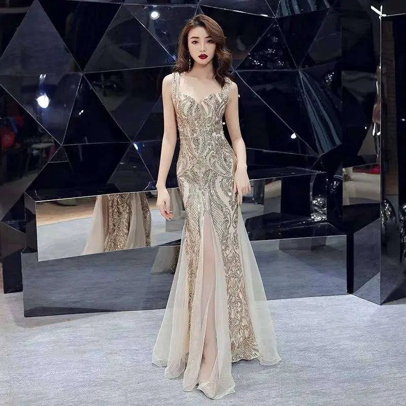 Black fishtail long summer sequins sling evening dress with gold embellishments sheer overlay and high slit