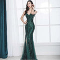 Emerald green sequined fishtail long summer gown with floral embroidery and sheer mesh overlay summer sequins sling dress