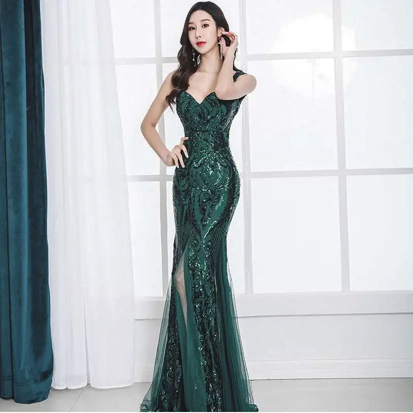Emerald green sequined fishtail long summer gown with floral embroidery and sheer mesh overlay summer sequins sling dress