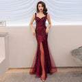 Black fishtail long summer sequins sling evening dress in burgundy with intricate embroidery and sheer hem overlay