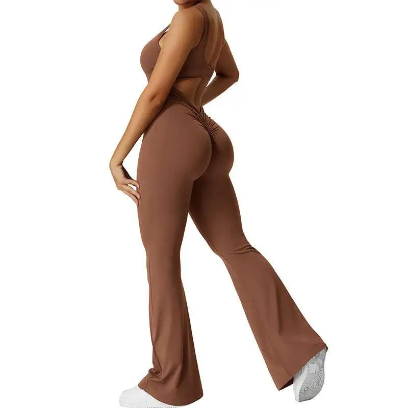 Brown flared leggings with high-waisted, slim fit hip design and gathered back detail for hip raise jumpsuit look