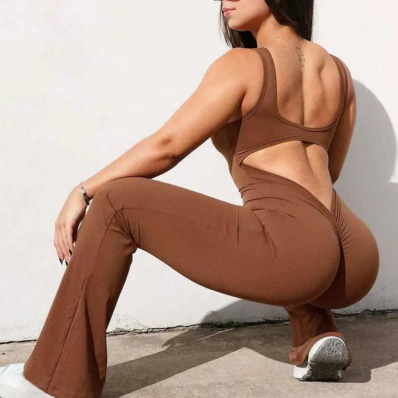 Brown form-fitting athletic two-piece set with back-cutout top and flared leggings for black flared slim hip raise jumpsuit