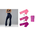 Pink resistance band set with matching drawstring storage bag shown with black flared slim fit hip raise jumpsuit product