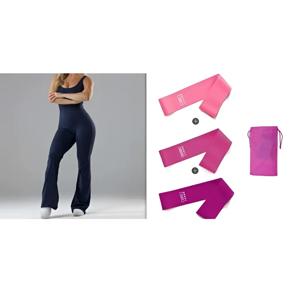 Pink resistance band set with matching drawstring storage bag shown with black flared slim fit hip raise jumpsuit product