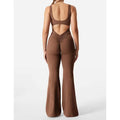 A sleek chocolate-brown slim fit hip raise jumpsuit with ruched waist and back cutout in black flared slim design