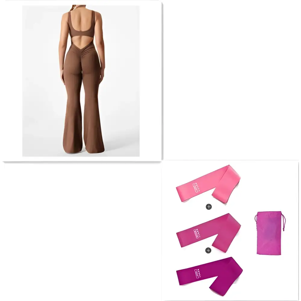 Brown one-piece workout hip raise jumpsuit with back cutout and flared legs in slim fit hip design