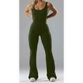A sleek olive green slim fit hip raise jumpsuit with flared legs for a flattering silhouette and modern style