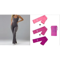 Pink resistance band set with matching pouch paired with black flared slim fit hip raise jumpsuit side view