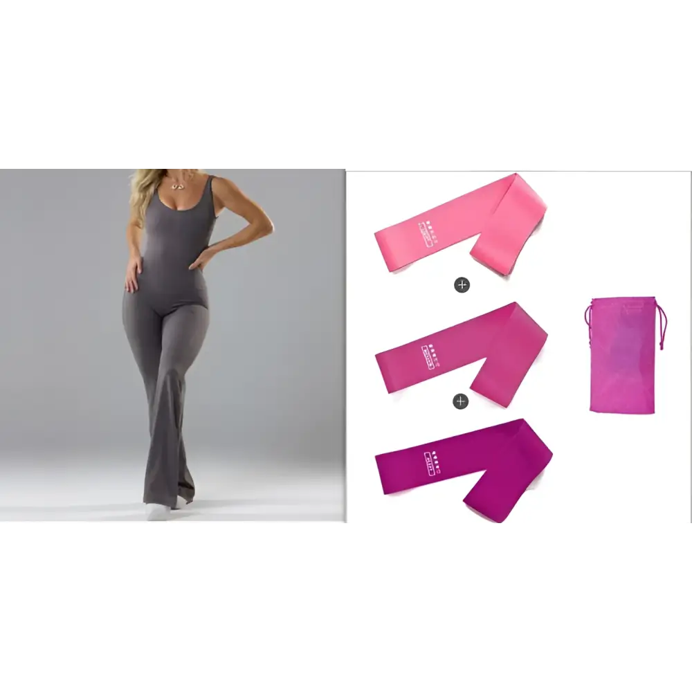 Pink resistance band set with matching pouch paired with black flared slim fit hip raise jumpsuit side view