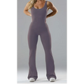A form-fitting lavender one-piece slim fit hip raise jumpsuit with scoop neckline and flared legs