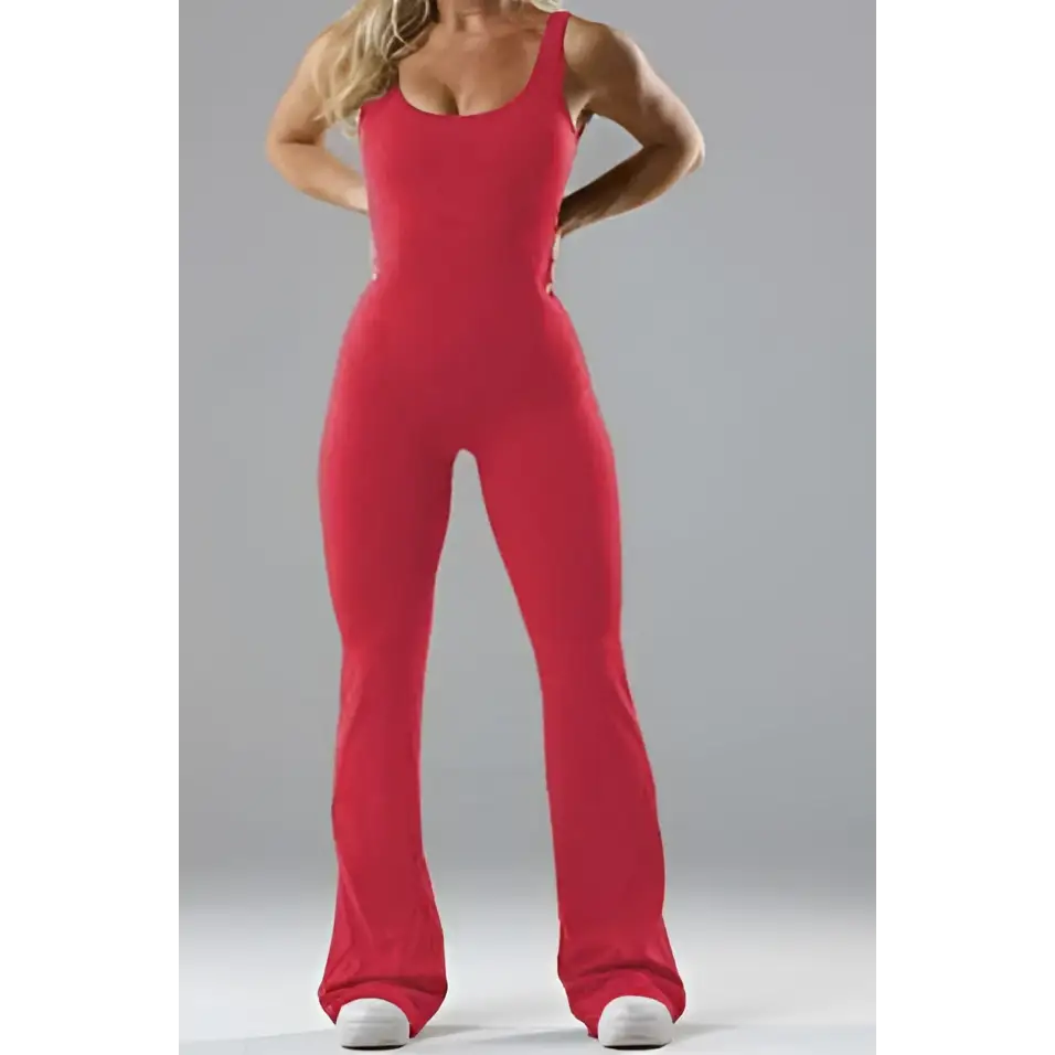 A vibrant red slim fit hip raise jumpsuit with a scoop neckline and flared legs, contrasting the black flared slim style