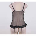 Black floral bodysuit lace cutout lingerie in black sheer polka dot mesh with ruffled hem and adjustable straps