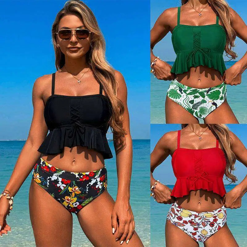 Black floral conservative split slimming high-waisted bikini set with ruffled top and lace-up front tight swimsuit conservative