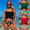 Black floral conservative split slimming high-waisted bikini set with ruffled top and lace-up front tight swimsuit conservative