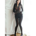 Black floral feminine lace bodysuit with zip jumpsuit design and matching gloves showcasing intricate floral pattern