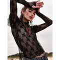 Black floral lace long-sleeved mesh multicolor bottoming shirt with intricate floral pattern for a sexy look