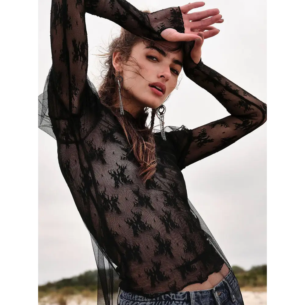 Black floral lace long-sleeved mesh multicolor bottoming shirt with intricate floral pattern for a sexy look