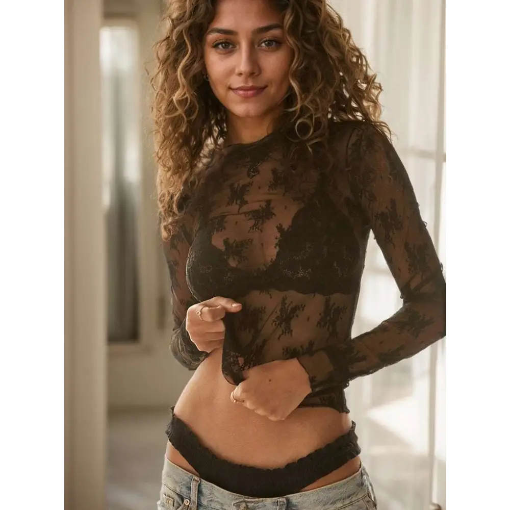 Black floral lace mesh multicolor bottoming shirt featuring a sheer long-sleeved floral lace design