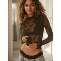 Black floral lace long-sleeved mesh multicolor bottoming shirt with floral pattern for a bottoming shirt sexy look