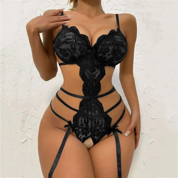Black floral lace transparent bodysuit pajamas featuring intricate floral patterns and thin straps in black lace material