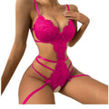 Fuchsia lace transparent bodysuit pajamas with thin straps and crisscrossing satin ties in black floral lace design