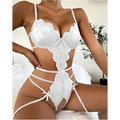 White lace transparent bodysuit pajamas with intricate floral patterns and delicate straps for elegant lingerie wear