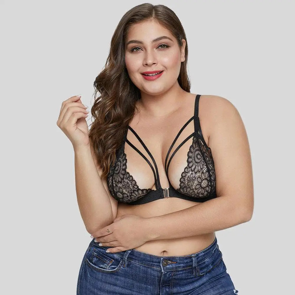 Black floral plus size lace bra with intricate floral patterns and thin adjustable straps for support