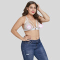 White lace floral plus size lace bra with delicate triangular adjustable straps and central front closure
