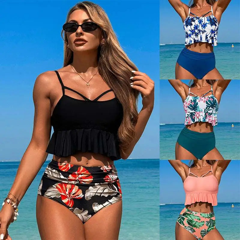 Black floral ruffled high waisted women’s swimsuit bikini featuring a ruffled top and matching bottoms