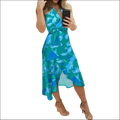 Black floral slim fit wrap dress in vibrant teal and blue floral print with ruffled hemline for elegant wear