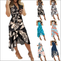 Black floral slim fit dress with beige tropical leaf print wrap design v-neckline side slit and ruffled hem