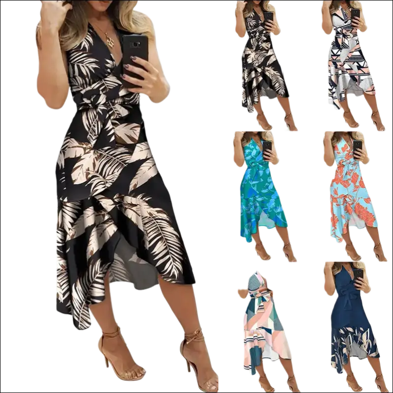Black floral slim fit dress with beige tropical leaf print wrap design v-neckline side slit and ruffled hem