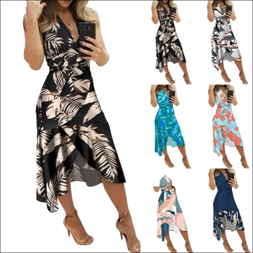 Black floral slim fit dress with beige tropical leaf print wrap design v-neckline side slit and ruffled hem