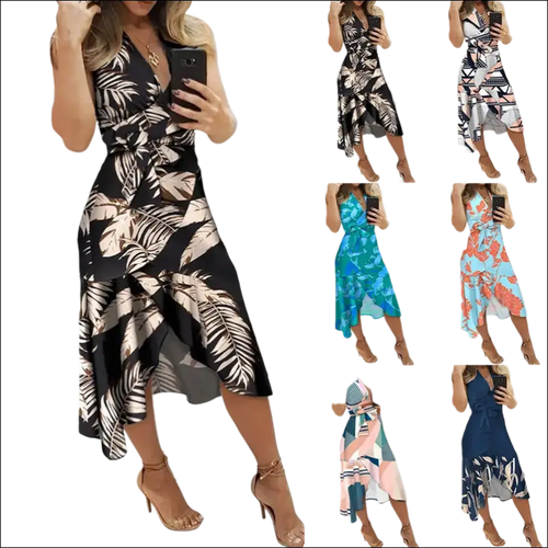 Black floral slim fit dress with beige tropical leaf print wrap design v-neckline side slit and ruffled hem