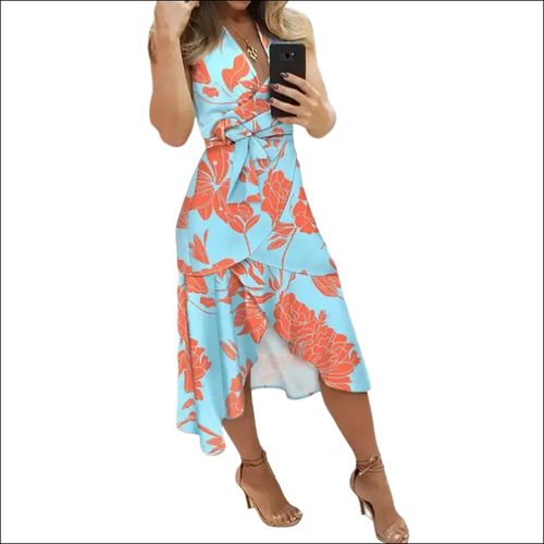 Black floral slim fit wrap dress in light blue with vibrant orange floral patterns and a cinched waist bow