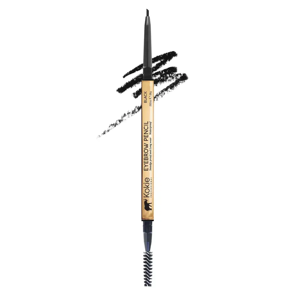 Black GB261 micro fine eyebrow pencil by Kokie Cosmetics with gold barrel and dual-ended angled brush tip