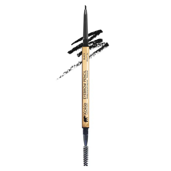 Black GB261 micro fine eyebrow pencil by Kokie Cosmetics with gold barrel and dual-ended angled brush tip
