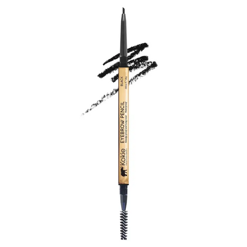 Kokie cosmetics black gb261 eyebrow pencil with gold barrel and dual-ended angled brush tip for precise application