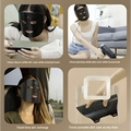 Black geometric photon beauty mask with textured surface, embedded lights, and charging cable for skin firming skincare routine