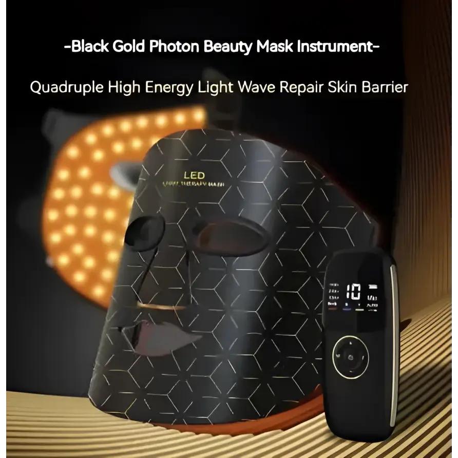 Black geometric photon beauty mask with hexagonal led therapy design and digital remote for skin firming skincare routine