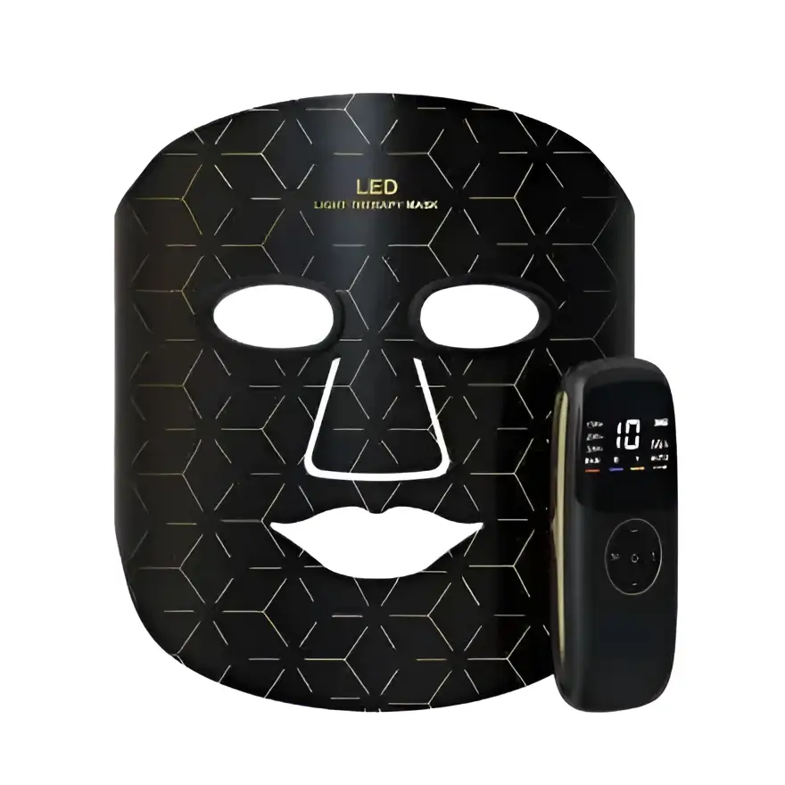 Black geometric photon beauty mask with white facial cutouts and remote control for skin firming skincare routine