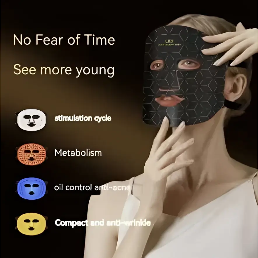 Black geometric photon beauty mask with skin firming led lights and hexagonal pattern for skincare routine use