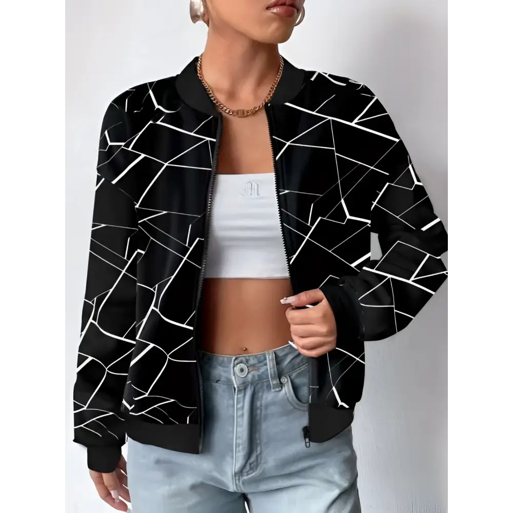 Black geometric sleeveless casual fit jacket with bold white pattern and ribbed cuffs in a bomber style design