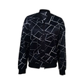 Black geometric sleeveless casual fit jacket featuring a bold white geometric pattern on black bomber fabric