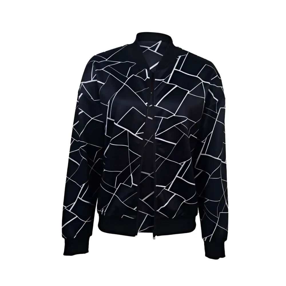 Black geometric sleeveless casual fit jacket featuring a bold white geometric pattern on black bomber fabric