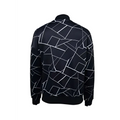 Back view of black geometric sleeveless casual fit jacket featuring bold white geometric pattern on the back