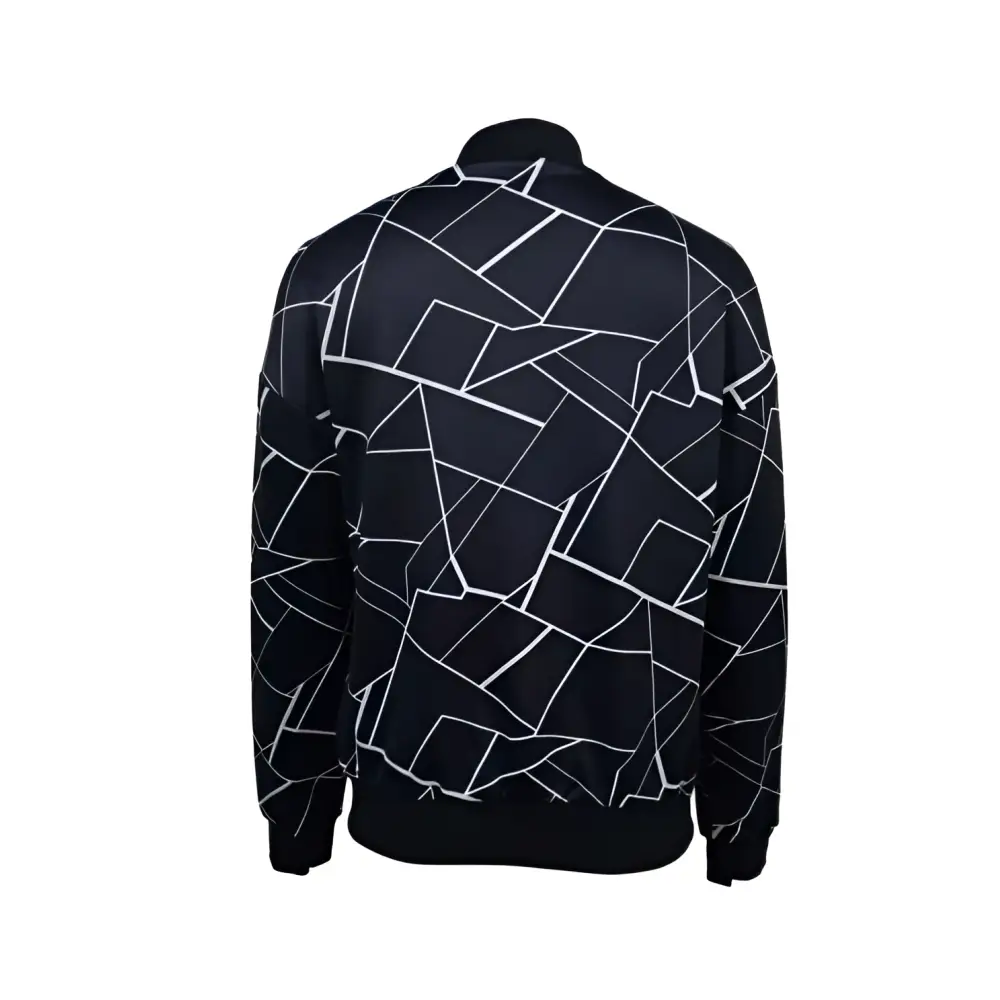 Back view of black geometric sleeveless casual fit jacket featuring bold white geometric pattern on the back