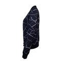 Black geometric sleeveless casual fit jacket featuring a bold white geometric pattern on a black bomber jacket